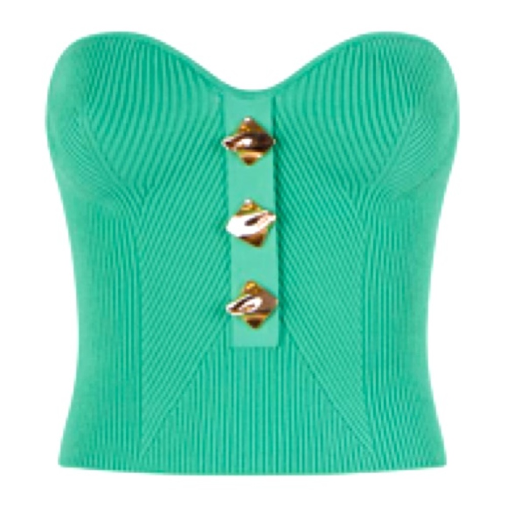Self Portrait strapless Emerald green top gold buttons